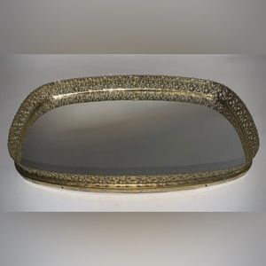 Vintage Ornate Brass Perfume Jewelry Mirrored Vanity Tray / 14X8 /Free Shipping